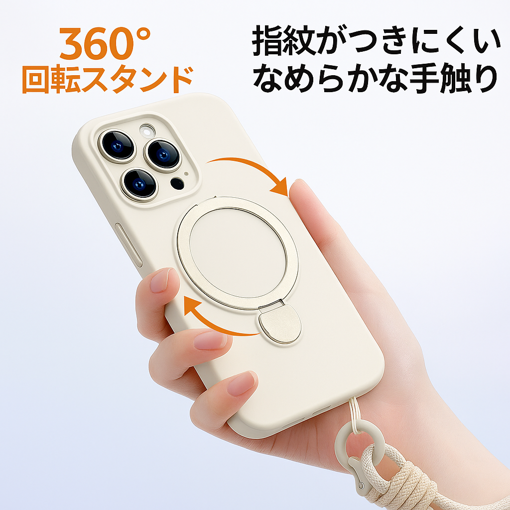 360°回転!マグネットスタンドケース|薄型シリコン・落下防止ストラップ付