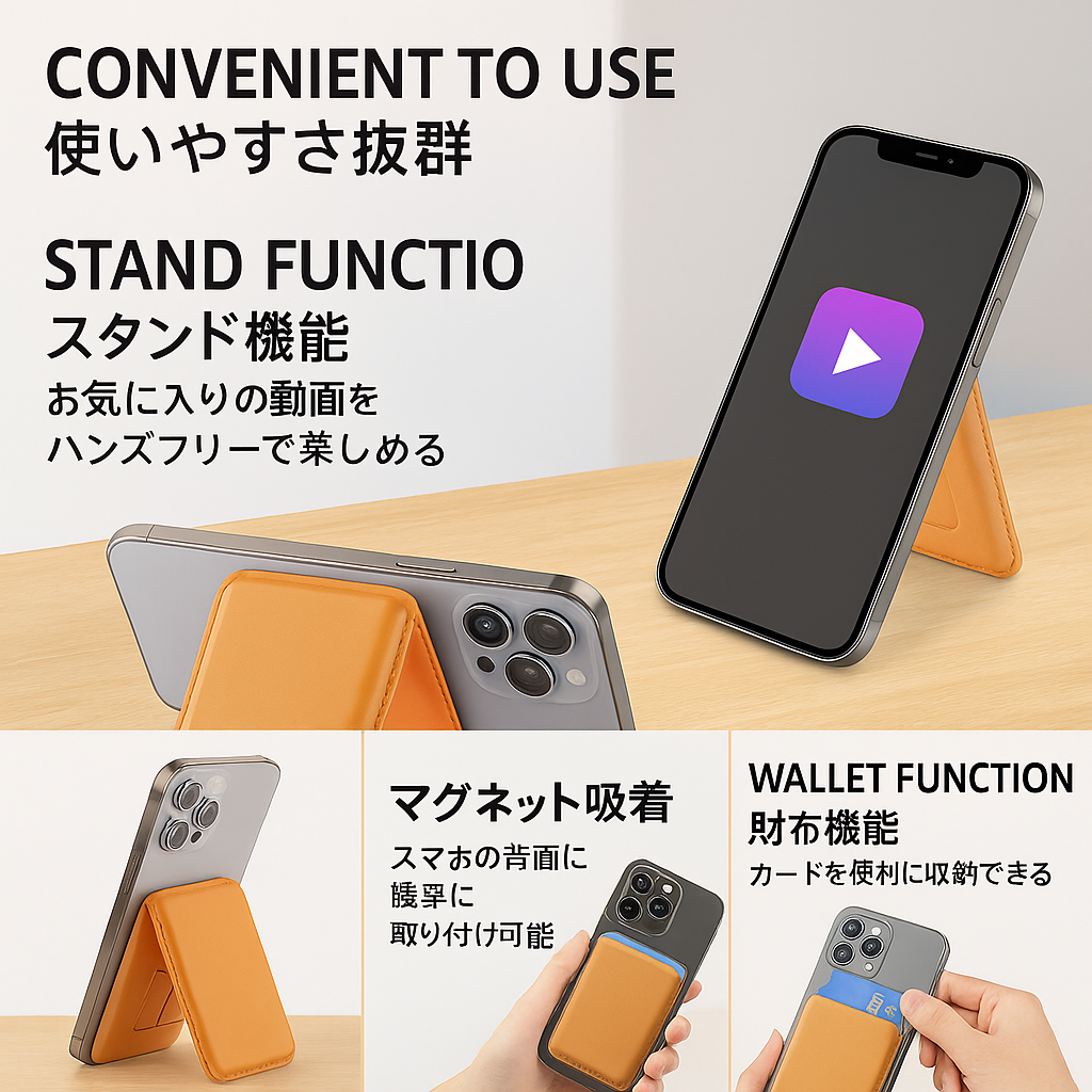 スタンド付きカードホルダー|PUレザー・薄型・MagSafe対応