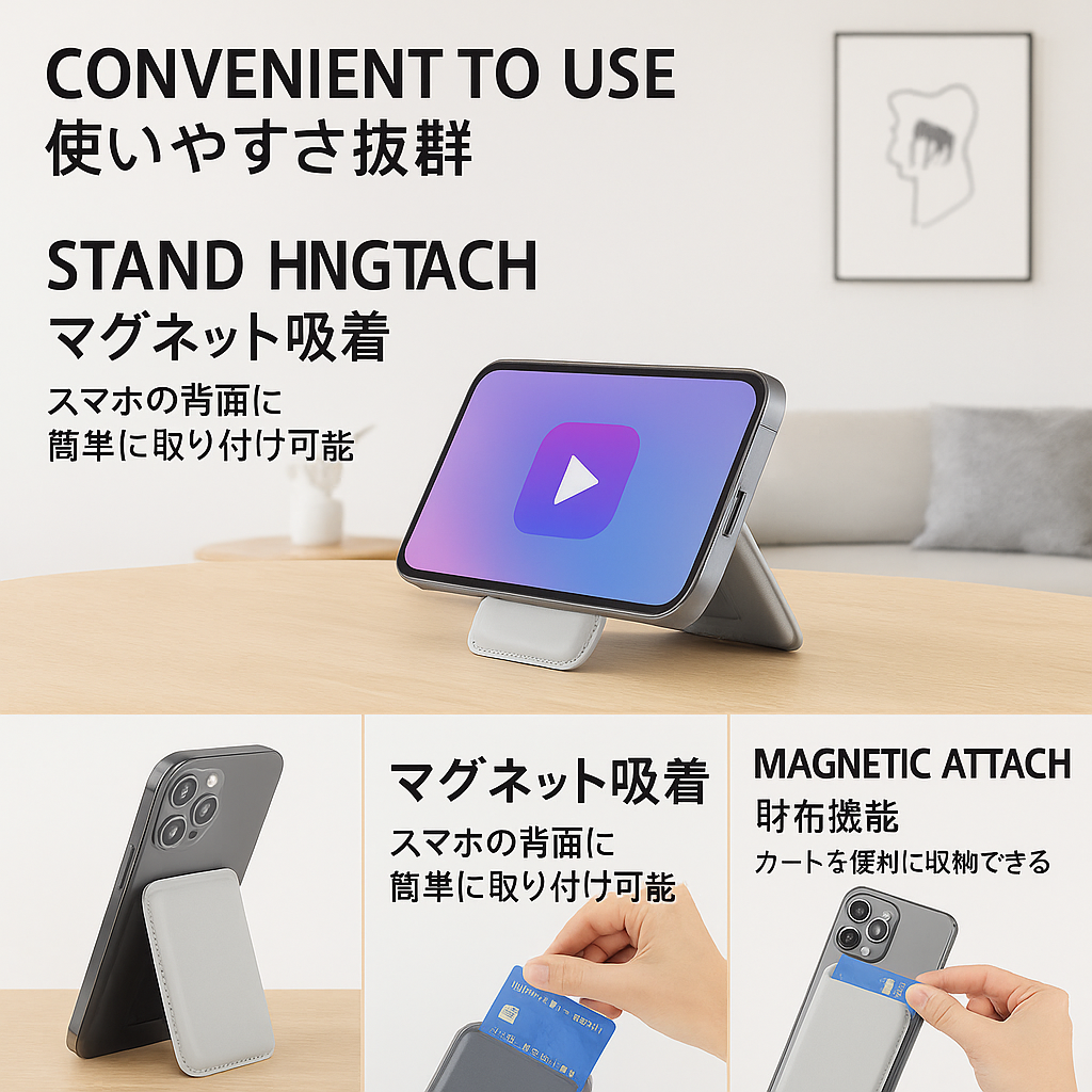 スタンド付きカードホルダー|PUレザー・薄型・MagSafe対応