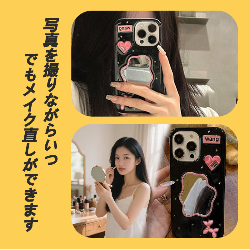 ミラー付き！子犬スマホケース｜3Dデコ・ガーリー系・写真映え抜群