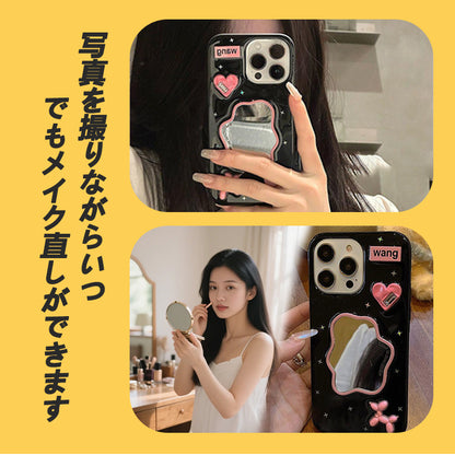 ミラー付き！子犬スマホケース｜3Dデコ・ガーリー系・写真映え抜群
